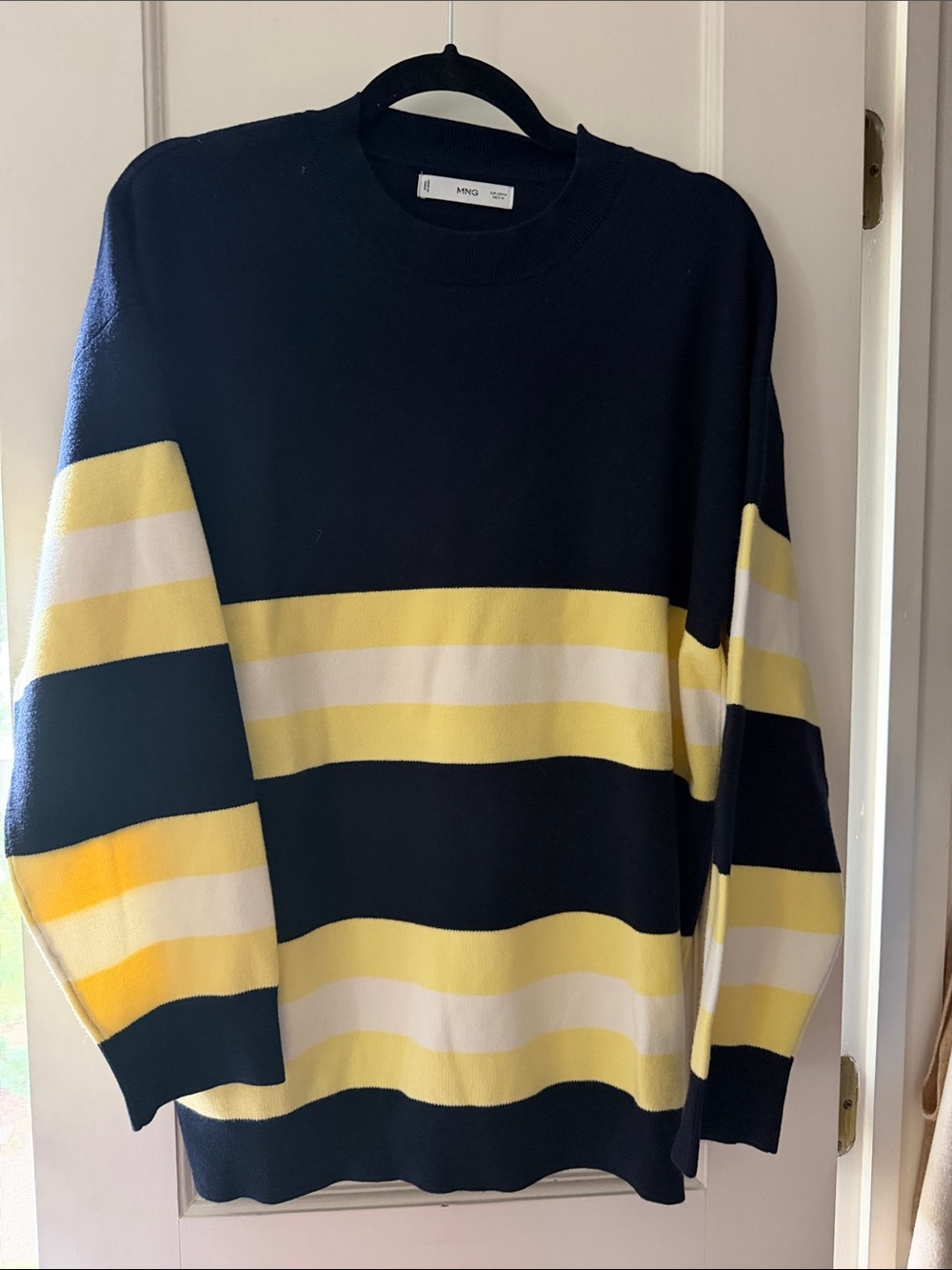 Mango Oversized Navy, Yellow & White Striped Crewneck Sweater